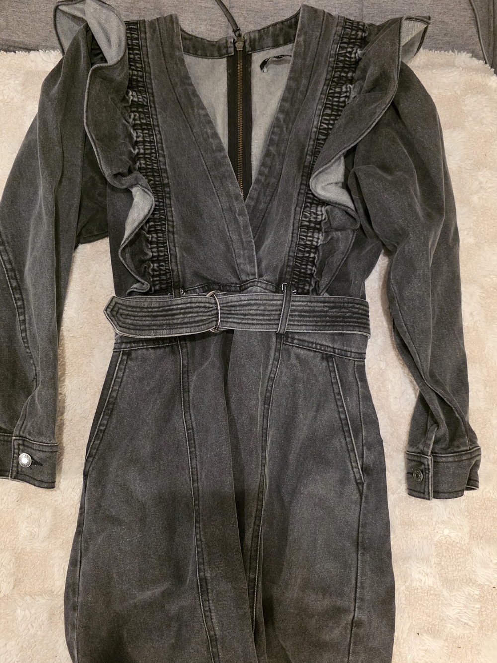 Anthropologie Msgali Pascal Ruffled V-Neck Denim Mini Dress in Washed Black